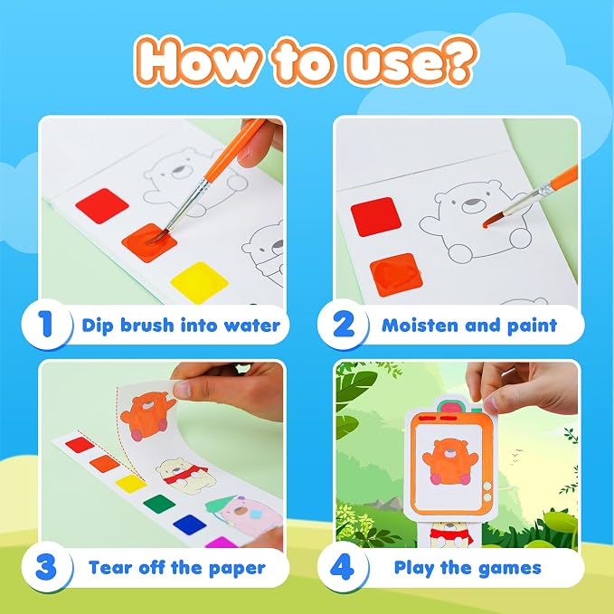 YPLUS Pocket Paint with Water Book for Toddler, Art Activities Craft Toys Watercolor Painting Paper for Kids,Gift for Kids Ages 1-3, 2-4, 4-6,Drawing with Brush-Animals
