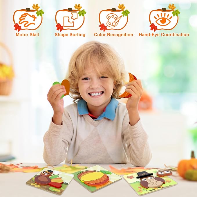 6 Pack Thanksgiving Wooden Puzzle for Toddlers, Thanksgiving Toys Jigsaw Puzzles for Thanksgiving Activities Party Favors Games Kids Boys Girls Thanksgiving Gifts Supplies