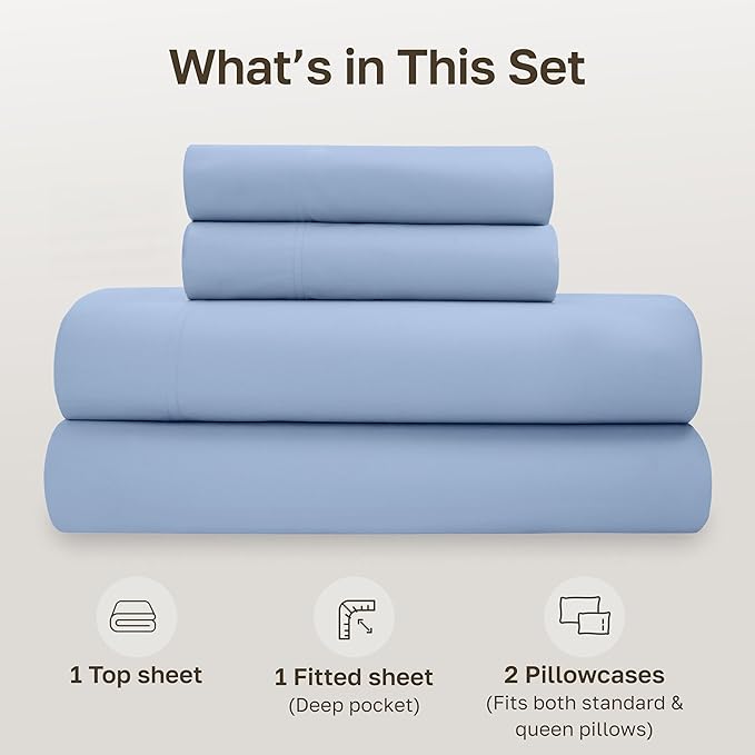 California Design Den Soft 100% Organic Cotton Queen Sheet Set - Crisp and Cool Percale, Deep Pocket Organic Cotton Sheets with Anti-Skid Elastic, Breathable and Durable Bedding Set - Light Blue