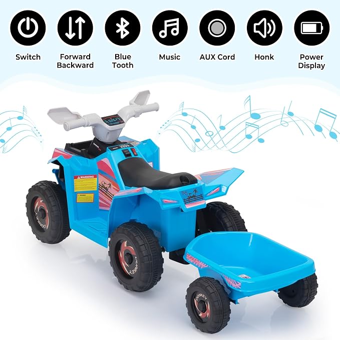 TOBBI 6V Electric Kids Ride On Toy Car with Trailer, Toddler 4 Wheeler Powered Vehicle, ATV to Drive with Music/Battery Volume Display for Children Age 2-6-Blue