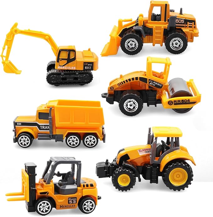 6 Pack Diecast Construction Vehicle Toys – Mini Construction Truck Set with Excavator, Dump Truck, Bulldozer & Mixer for Boys Girls Ages 3+, Birthday Party Favors & Goodie Bag Stuffers