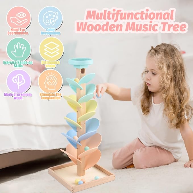 Wooden Marble Run Ball Drop Montessori Toys for Toddlers 4-8 Boys Girls Kids Wood Music Tree Marble Ball Run Game 3-5 8-12 Years Old Learning Color Sorting Sensory Toys Birthday Gift (Height: 20.5")