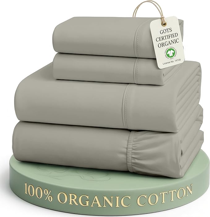 LANE LINEN Full Size Sheets 100% Organic Cotton Soft 4pc Percale - Silver | 100% Organic Cotton Percale Full Sheet Set - Affordable Organic Luxury, Honest-Price Organic Quality, For Hot Sleepers