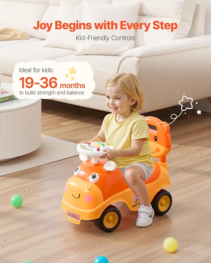 VEVOR Ride On Toddler Push Car, Push Car for Toddler 19 to 36 Months, Kids Ride On Toy with Horn & Music, 48.5 lbs Load Capacity, Under-seat Storage, Foot-to-Floor Walker for Toddlers Boys Girls