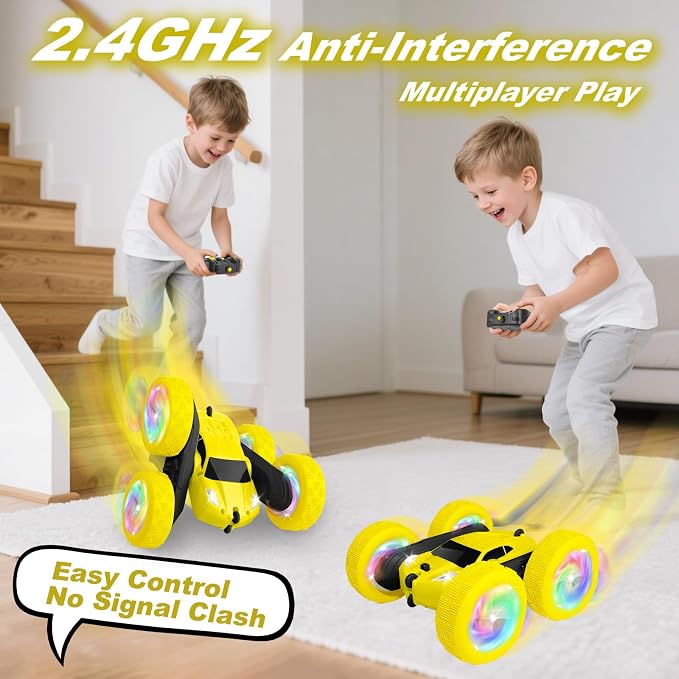 Remote Control Car, Outdoor Toys RC Cars for Kids Ages 6-12, 4WD Double Sided Stunt Vehicle with Upgraded USB-C Modular Batteries, 5 6 7 8 9 10+ Year Old Boy Birthday Yellow