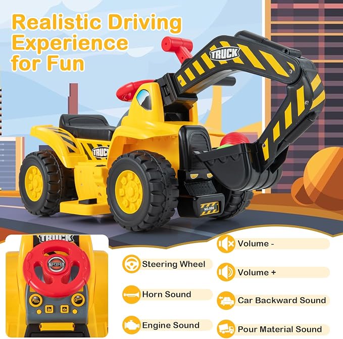 HONEY JOY Electric Ride on Push Car, Toddler Bulldozer Digger w/Balls & Basketball Hoop, Outdoor Digging Scoop, Flexible Bucket, 6V Ride on Excavator Construction Vehicle for Kids