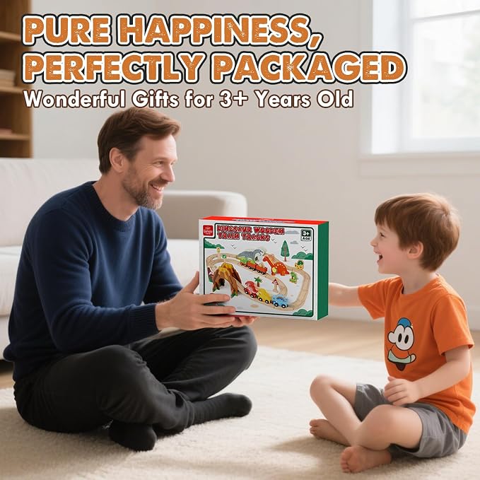 Lehoo Castle Wooden Train Set, Dinosaur Wooden Train Track Set, Wood Toy Train Set for Toddlers 2-4, Train Toys for Toddlers 3-5, Fits Thomas, Fits Brio, Fits Melissa and Doug