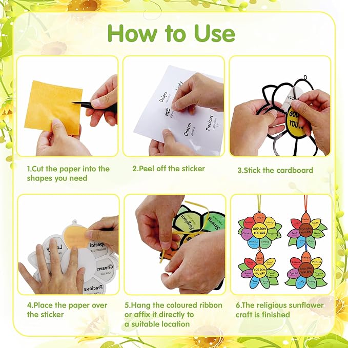 Fennoral 24 Pack Religious Sunflower Crafts for Kids Make Your Own God Says You are Sunflower Suncatchers DIY Christian Bible Verse Ornaments for Sunday School Classroom Activities Church Party Decor