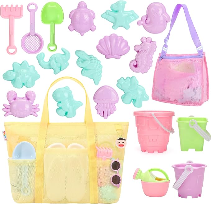 Tagitary Beach Toys for Kids and Mesh Beach Bag with Zipper, Large Beach Tote with 8 Pockets, Sand Toys Storage Pool Bag Beach Accessories for Sports Camping Picnic Travel