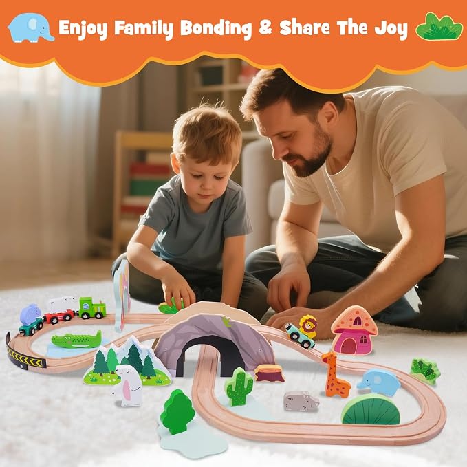 SIMPLIPLAY 45PCS Jungle Wooden Train Set with Safari Figures, Crash Barrier | Montessori Train Tracks for Toddlers 3-5 with Bridge & Wooden Safari Animal Toys, Gifts for 3 4 5 Years Old Girls & Boys