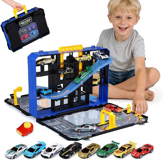 Drefirsa 24 in 1 Race Car Track Set, Toy Cars for Boys Age 3-5 4-7 | 8pcs 1:64 Diecast Vehicle, 2 Launchers, Race Track, Portable Storage Case, Outdoor Indoor Play, Gift for 3 4 5 6 Year Boy