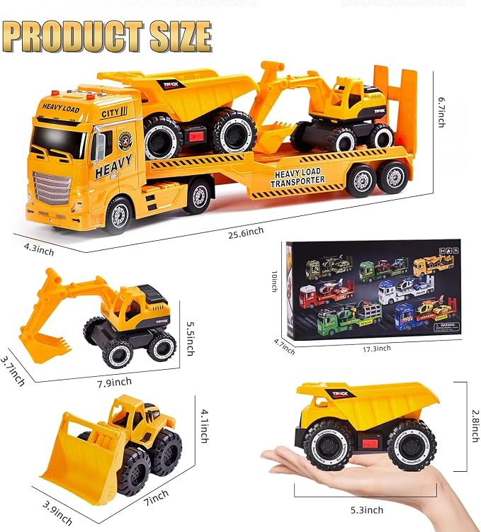 4-in-1 Construction Carrier Truck Toys for Kids | Semi Toy Car Kids Toy with Excavator and Dump Truck, Great Gift for Age 3+ Years Old Boys Girls