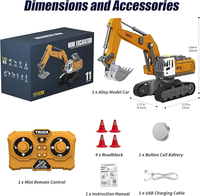 1:64 Remote Control Mini Excavator Toy, 2.4GHz RC Excavator with 11-Channels, 330° Rotation, Type-C Charging, LED Light & Music, Includes 4 Road Barriers, Construction Vehicle Gift for Kids & Adults