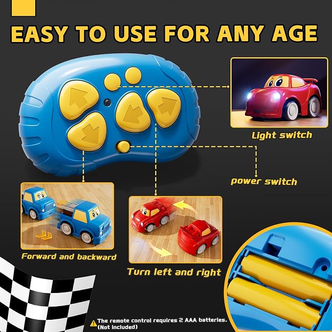 WATUDOU Remote Control Car for Toddlers 1-3 2-4 3-5, 2 Pack Cartoon 2.4 GHz RC Cars for Kids, Electric Hobby RC Car Toys, Christmas Birthday Gifts Toys for Kids Boys Girls 2 3 4 5 6 Years Old