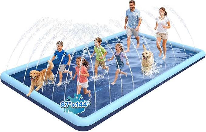144 x 87 in Giant Rectangle Splash Pad for Dogs & Kids, Extra Large Non-Slip Sprinkler Pool, Shallow Water Play Mat for Backyard Family Water Fun, Teal