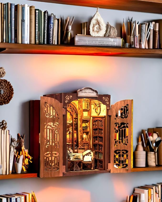 Fsolis Book Nook Kit - Booknook Bookstore (Bookshop Memory) | 3D Wooden Puzzles for Adults and Beginners, DIY Miniature House Kit Bookish Gifts for Women Book Lovers