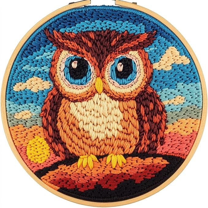DIY Punch Needle Kits for Beginners Owl with Sunset with Hoop Punch Needle Starter Craft Embroidery Set Easy for Adults and Children Festival Gift and Decoration 20x20cm-1