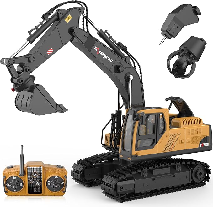 kolegend 3 in 1 Remote Control Excavator Toy 14 Channel RC Excavator Toy for Boys 3-12 with Bucket/Claw/Drill 2.4GHz Full Functional Construction Vehicles Toys Gift for 6 7 8 9 10 Years Old Kids Boys