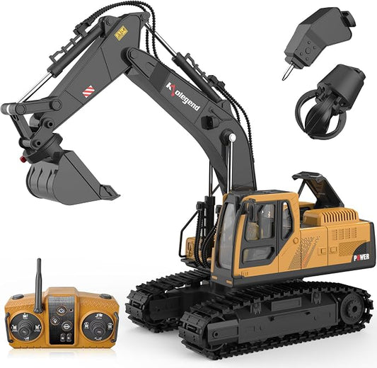 kolegend 3 in 1 Remote Control Excavator Toy 14 Channel RC Excavator Toy for Boys 3-12 with Bucket/Claw/Drill 2.4GHz Full Functional Construction Vehicles Toys Gift for 6 7 8 9 10 Years Old Kids Boys
