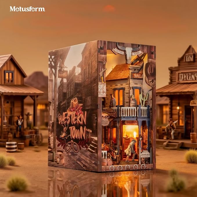 Book Nook Kit, DIY Miniature House Dollhouse - 3D Wooden DIY buidling Dollhouse with Bookshelf Nook (Western Town)