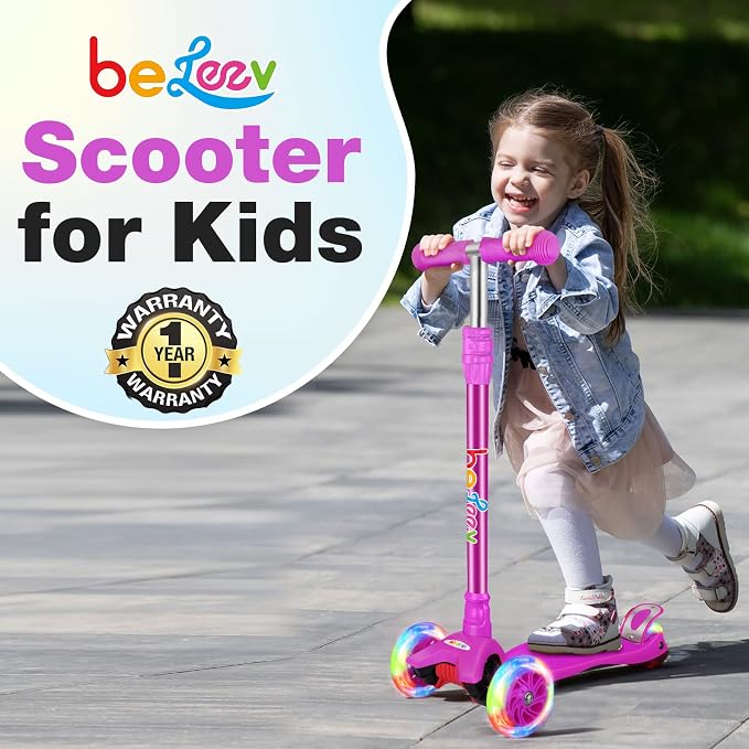 BELEEV Scooters for Kids 3 Wheel Kick Scooter for Toddlers Girls Boys, 4 Adjustable Height, Lean to Steer, Light up Wheels, Extra-Wide Deck, Easy to Assemble for Children Ages 3-12