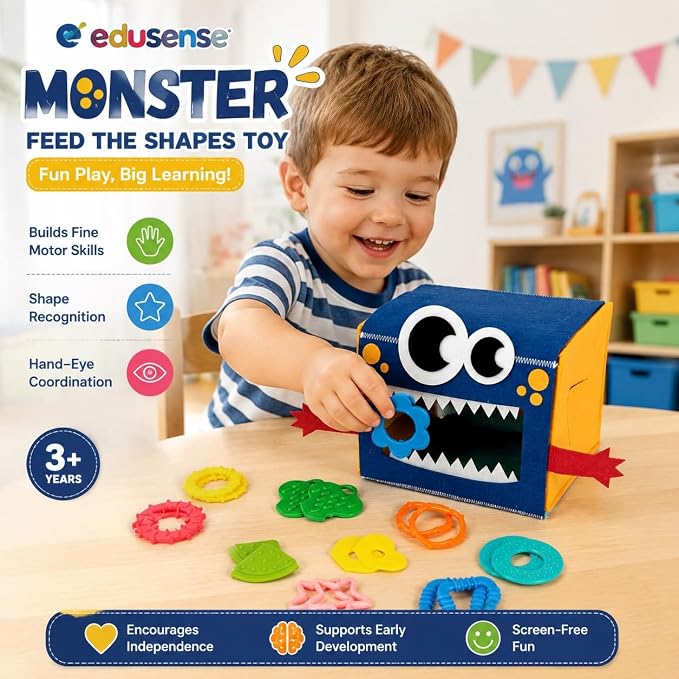 edusense Monster Feed Me Sensory Shape Sorter — 20 Washable Silicone Shapes | Fine Motor Feeding Toy for Toddlers 3+ | Occupational Therapist Designed Sensory Play for Home & Classroom