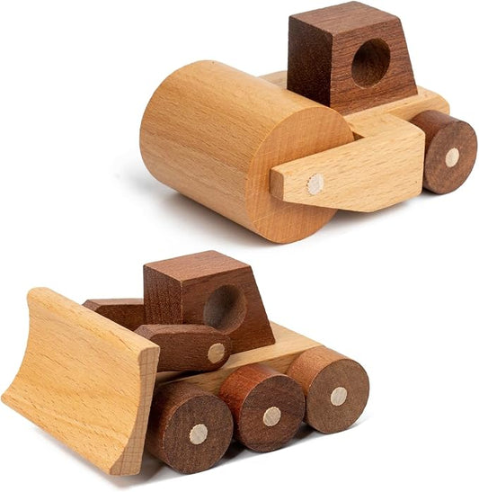 Wooden Toy Cars for 3 Year Old Boys & Girls - Construction Vehicles Set Push Toys for Toddlers, Wood Montessori Car with Rolling Wheels, Natural Wood Toys (Bulldozer & Road Roller)