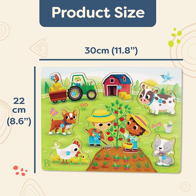 B. toys – Peek & Explore – Barnyard – Wooden Peg Puzzle – Farm Puzzle for Toddlers, Kids – 8 Barnyard Pieces – Barn, Animals, Farmers & More – 2+ Years