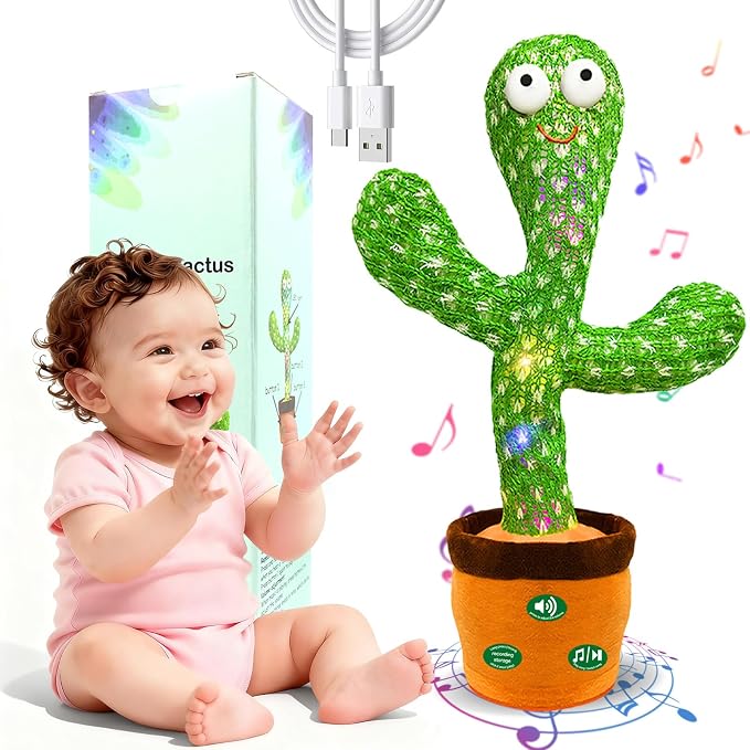 Hunfur (Rechargeable) Dancing Mimicking Talking Cactus Toy,Funny Gift for Baby Infant 6-12 12-18 Months,Singing Record Repeat What You Say Toys for Toddler 1 2 3 Year Old Boy Girl