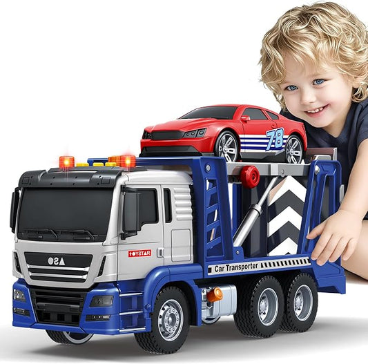 SpringFlower 3 4 5 6 7 8 Years Old Boys Truck Toy, Transport Cars Carrier Truck with Racing Car, Toddler Boy Vehicle Toy with Lights Sounds, Boys Girls Christmas Birthday Gifts