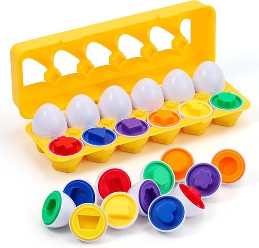 VUIYA Matching Eggs - Toddler Toys - Color Shapes Egg Set - Educational Color, Shapes and Sorting Recognition Skills - Sorting Puzzle for Kid Baby Toddler Boy Girl, Easter Basket Gift (12 Eggs)