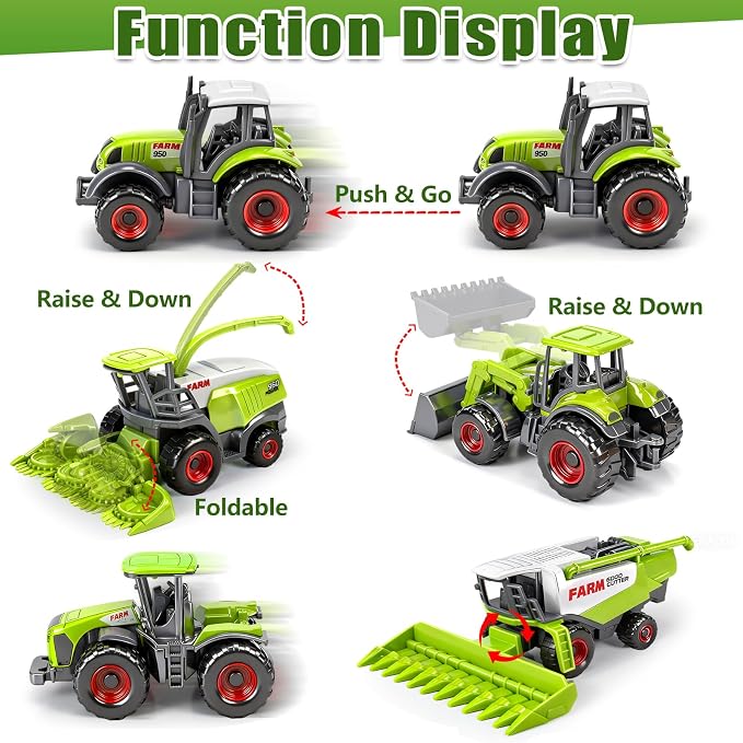 5 Pack Diecast Farm Tractor Toy, Toddlers Farm Toys Tractor Vehicles with Combine Harvester, Forage Harvest, Mini Farming Truck Toys for Kids Boys Ages 3 4 5 6 7 8 Birthday Gift & Party Favors