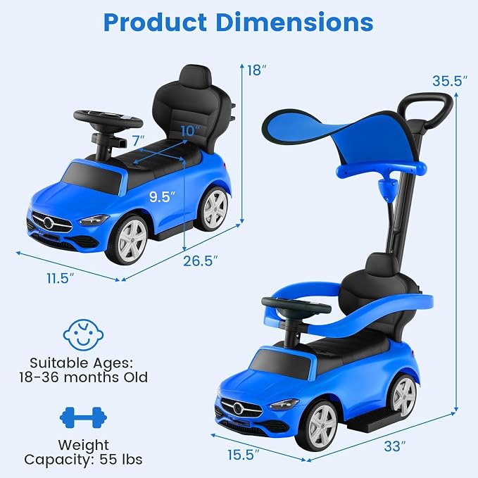 OLAKIDS Push Car for Toddlers, 3 in 1 Licensed Mercedes Benz Baby Sliding Walking with Parent Control Handle Adjustable Canopy Guardrail Under Seat Storage, Kids Ride on Toys with Horn (Blue)