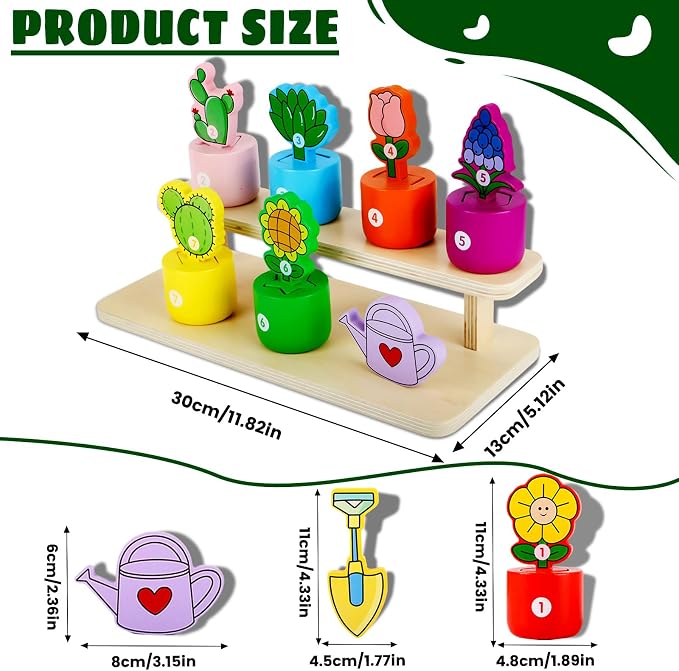 Scuwtocn Wooden Flower Garden Playset with Stand - Color & Shape Sorter | Fine Motor Skills & Number Cognition, Montessori Learning Toy for Toddlers, for 2 3 Year Old Boys and Girls