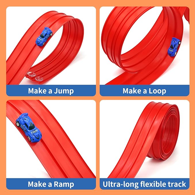 16.5ft Build Anywhere Portable Race Track with Suction Cups - Flexible Roll-Up Design Fits 1/64 Scale Cars, Portable Toy Gift for Kids 4+ Year Old (3 Tracks/Red)