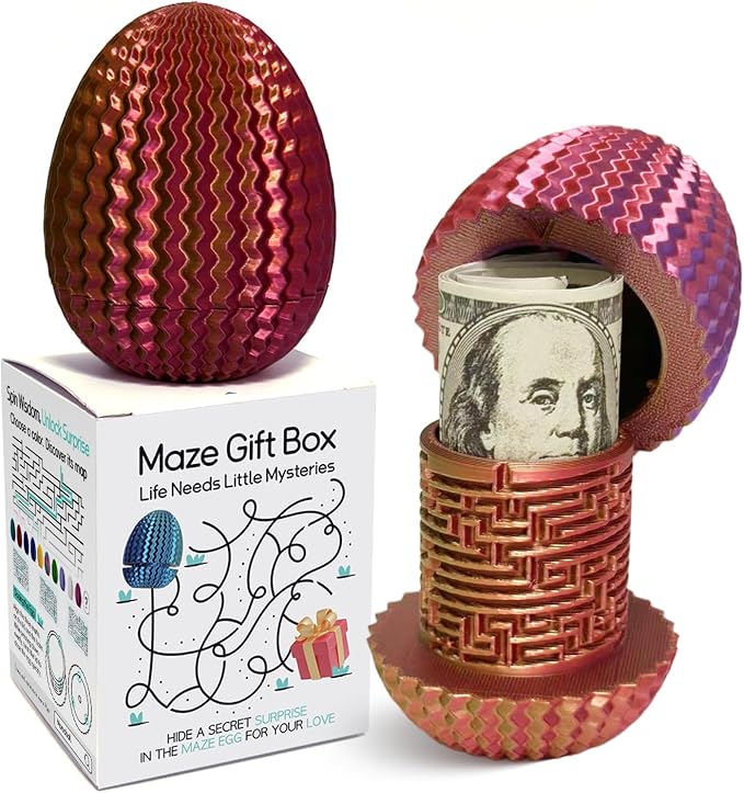 Money Puzzle Box for Cash Gift Card Holder - Reusable Secret Safe with 4 Unique Maze Egg Designs, 3D Printed Brain Teaser Game for Teens Adults, Easter Birthday Christmas Stocking Stuffer
