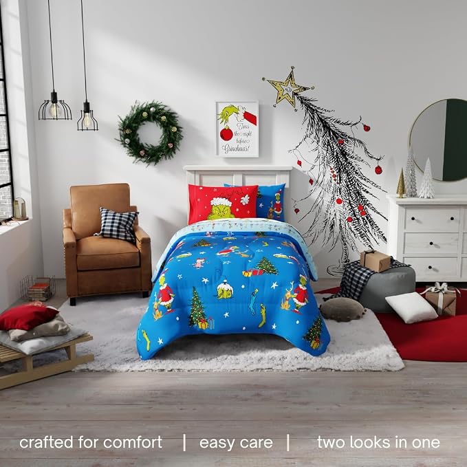 Grinch by Dr. Seuss Holiday & Christmas Bedding Soft Comforter and Sheet Set with Sham, 5 Piece Twin Size, (Official Dr. Seuss Product) By Franco