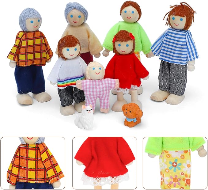 ONEST 17 Pieces Wooden Dollhouse Family Set Mini People Figures Dog Cat Sets Dollhouse Dolls Wooden Doll Family Pretend Play Figures Accessories for Pretend Doll House