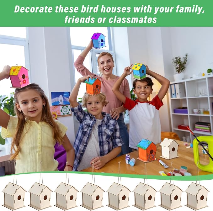 DoubleFill 48 Pcs 4.33" Wooden Bird Houses Crafts Kit for Kids DIY Unfinished Hanging Birdhouse for Art Painting Wood Toys Boy Girl Class Back to School Classroom Project Parties Creative Activity