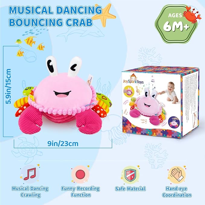 Baby Toys 6-12-18 Months, Pink Crawling Crab Tummy Time Toy, Rechargeable Musical Plush Toy with 50 Songs & Voice Recorder, Dancing Bouncing Interactive Baby Girl Sensory Toddler Toys 1 Year Old Gift