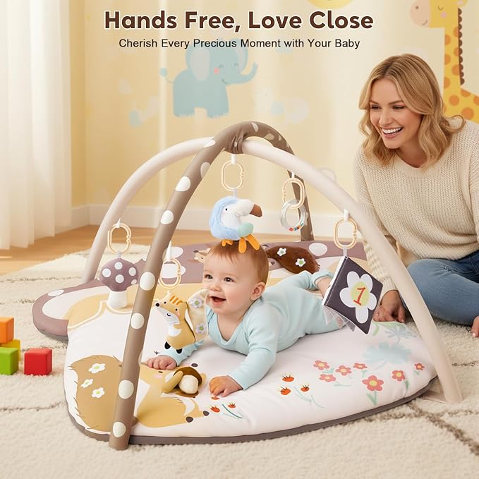 suihuooo 3-in-1 Baby Play Mat & Baby Seats for Infants for Sitting Up, Tummy Time Gym Activity Mat with 5 Detachable Toys, for Babies 0-6-12-18 Months, Newborn Babies Shower Gifts(Khaki)
