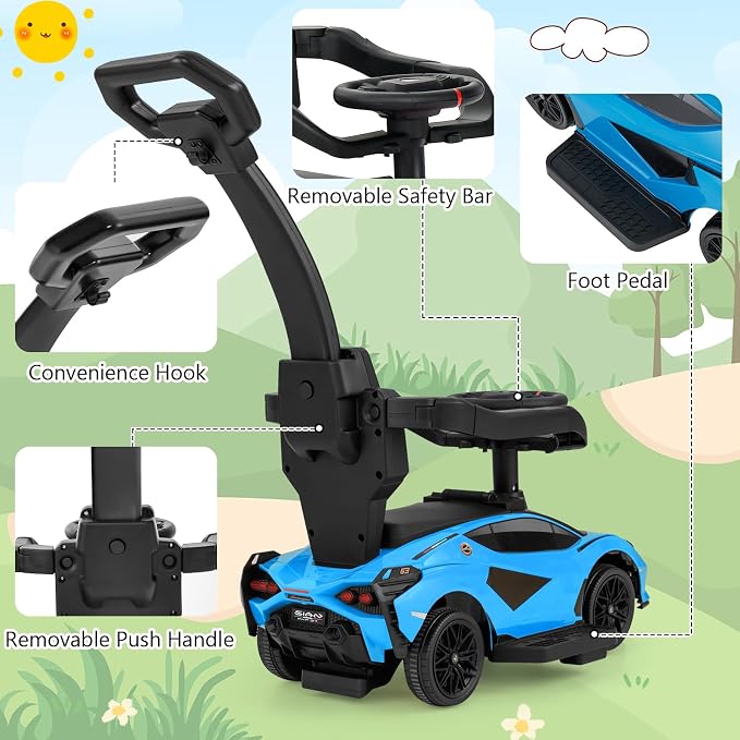 INFANS 3 in 1 Ride on Push Car, Licensed Lamborghini Baby Sliding Walking Car with Parent Control Handle, Music, USB, Headlight, Under Seat Storage, Foot-to-Floor Toy for 18-60 Months (Blue)