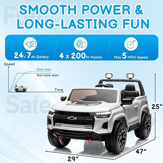 Winado 24V Licensed Chevrolet Colorado Electric Car for Kids, Ride on Toys for Toddlers with Remote Control, 2 Seater Electric Car Ride On Vehicle w/Bluetooth, Soft Start, LED Lights - White