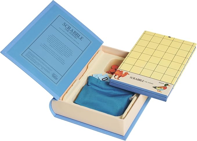 WS Game Company Scrabble for Juniors Vintage Bookshelf Edition: Linen Fabric-Wrapped Book Case — Educational Scrabble Jr. Board Game for Kids and Families (2-4 Players, Ages 5+)