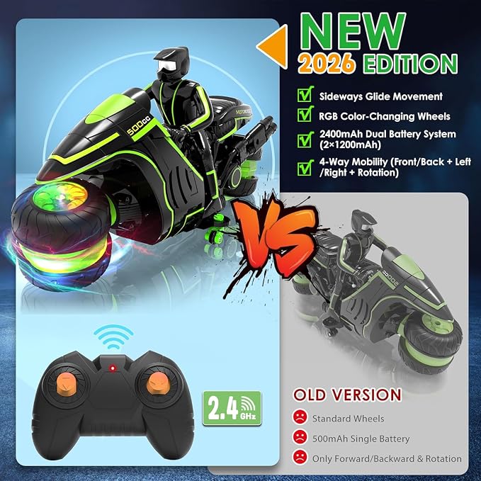 Remote Control Motorcycle, 2026 New Edition with RGB Color-Changing Wheels and Exclusive Sideways Glide, Ready-to-Play with 2 Batteries, 2.4GHz RC Stunt Bike Gift for Kids Boys Girls 5-12