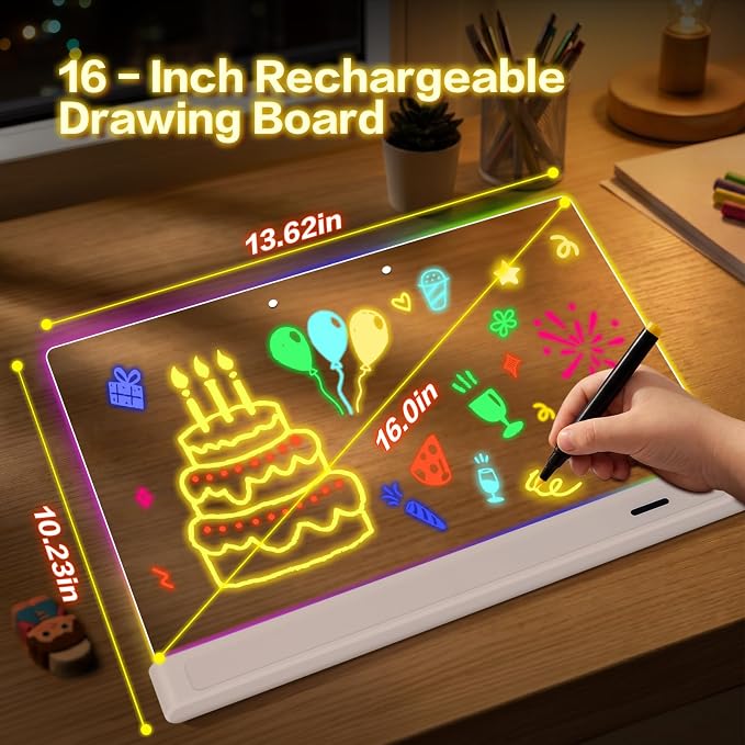 Rechargeable 16" Led Drawing Board for Kids Doodle Glow LED Note Board 7 Colors, 4 Modes, 7 Marks Light Up Pad Art Kit Kids Toy, Birthday Gift for Boys, Girls, Teens (White)