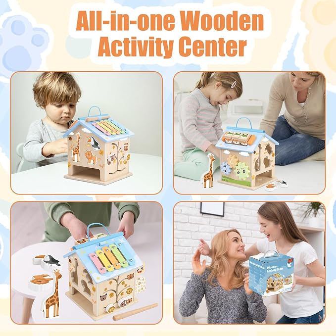 Wooden Activity Cube Montessori Toys for 6 Months Old 1 2 3 Years Toddlers Boys Girls 8-in-1 Baby Activity Center Birthday Gifts Shape Sorter Educational Learning Wood Cube