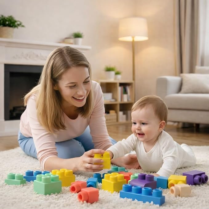 Baby Building Blocks Set, 80PCS Blocks for Babies 6 Months and Up | Rubber Soft Blocks with Storage Bucket, Large Building Blocks, Educational Stacking Toys, Toddler Gifts