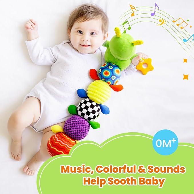GoGonova Musical Caterpillar Baby Sensory Toy for Infant Development 0-12 Months – Tummy Time Crawler & Teether – Newborn Bath, Car Seat, Stroller & Bassinet Activity Toy & Gift(Green)