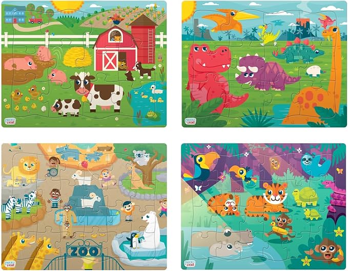 Chuckle & Roar - Multi Pack Jigsaw Puzzles for Kids Farm Dinosaur Jungle Zoo Tray Set 12 and 24 Piece Colorful Gift